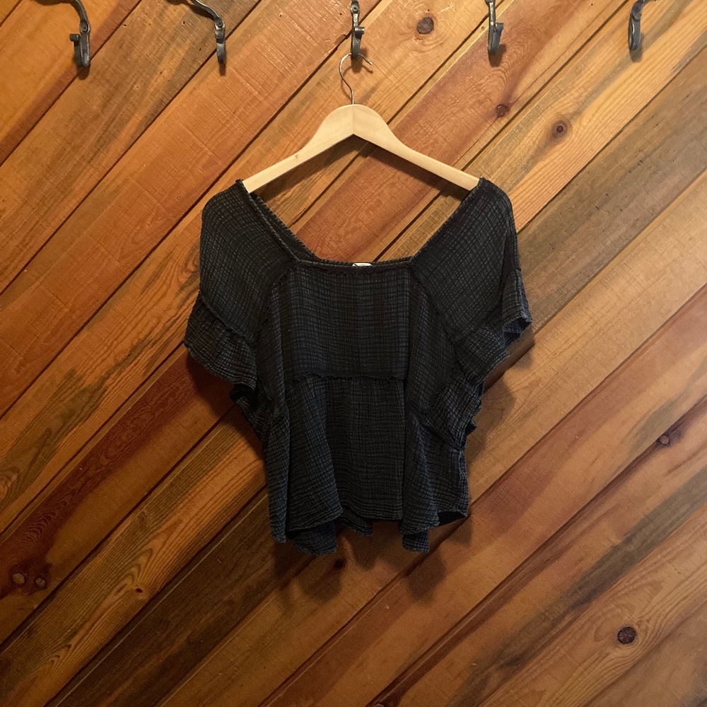 Anthropologie 100% black cotton gauze flowy peasant boho blouse/top